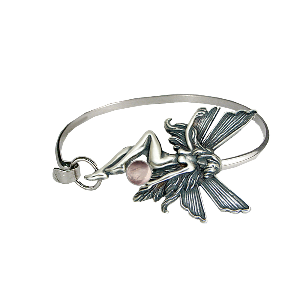 Sterling Silver Fairy Strap Latch Spring Hook Bangle Bracelet With Rose Quartz